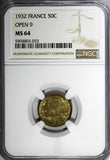FRANCE Aluminum-Bronze 1932 50 Centimes OPEN "9" NGC MS64 KM# 894.1 (053)