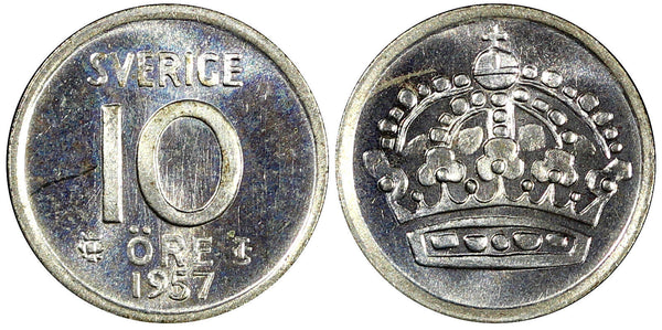 Sweden Gustaf VI SILVER 1957 10 Öre GEM BU COIN  KM# 823 (22 096)