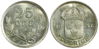 Sweden Gustaf V Silver 1937 G  25 Öre  Small "G" GEM BU KM# 785 (22 048)