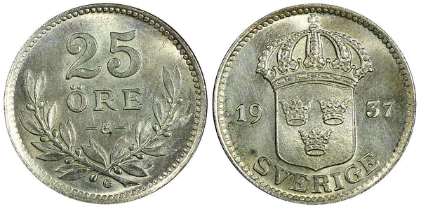 Sweden Gustaf V Silver 1937 G  25 Öre  Small "G" GEM BU KM# 785 (22 048)