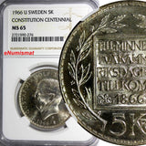 SWEDEN Silver 1966 U 5 Kronor NGC MS65 Constitution Reform 1 YEAR TYPE KM#839(6)