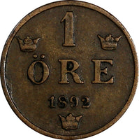 SWEDEN Oscar II Bronze 1892 1 Ore Low Mintage-280,000 RARE DATE KM# 750