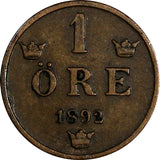SWEDEN Oscar II Bronze 1892 1 Ore Low Mintage-280,000 RARE DATE KM# 750