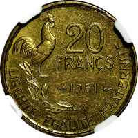FRANCE Aluminum-Bronze 1951 20 Francs NGC MS62 KM# 917.1 (068)