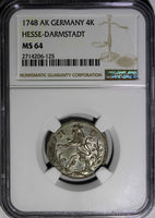 German HESSE-DARMSTADT LUDWIG VIII 1748 AK 4 Kreuzer NGC MS64 TOP GRADE KM184(5)