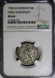 German HESSE-DARMSTADT LUDWIG VIII 1748 AK 4 Kreuzer NGC MS64 TOP GRADE KM184(5)