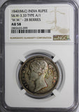 India-British Victoria 1840 B&C Rupee NGC AU58 W.W 28 Berries RAINBOW KM458.2(9)