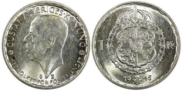 Sweden Gustaf V Silver 1945 TS 1 Krona "TS" without hooks  25mm KM# 814 (22 112)