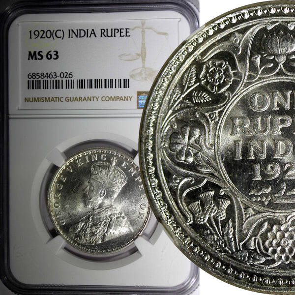 India-British George V Silver 1920 (C) Rupee NGC MS63 Calcutta Mint KM# 524 (6)