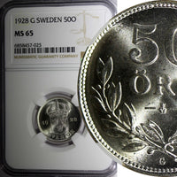 SWEDEN Gustaf V Silver 1928 G 50 Ore NGC MS65 GEM BU COIN KM# 788 (25)