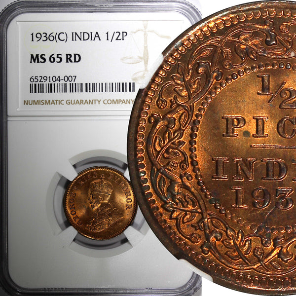 India-British George V Bronze 1936 (C) 1/4 Pice NGC MS65 RD LAST DATE KM#510 (7)