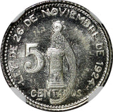 Guatemala Silver 1947 5 Centavos NGC MS65 GEM BU KM# 238.1 (033)