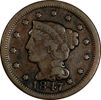 US Copper 1847 Braided Hair Large Cent 1C  (13 750)