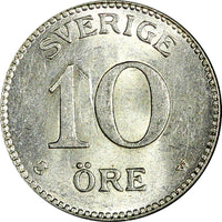 SWEDEN Gustaf V Silver 1918 W 10 Öre Light Toned UNC KM# 780 (22 137)
