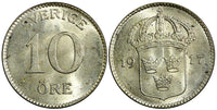 SWEDEN Gustaf V Silver 1917 W 10 Öre  WWI ISSUE UNC KM# 780 (21 911)