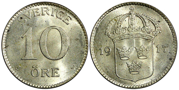 SWEDEN Gustaf V Silver 1917 W 10 Öre  WWI ISSUE UNC KM# 780 (21 911)