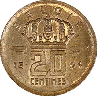 Belgium Baudouin I Bronze 1954 20 Centimes Dutch text UNC  KM# 147.1  (21 325)