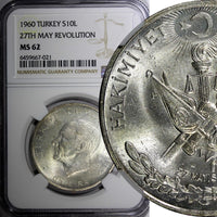 Turkey Silver 1960 10 Lira 27th May Revolution NGC MS62 KM# 894 (021)