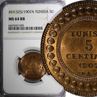 Tunisia Bronze AH1325//1907 A 5 Centimes NGC MS64 RB NICE TONED KM# 235 (050)