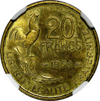 FRANCE Aluminum-Bronze 1953 20 Francs NGC AU58 KM# 917.1