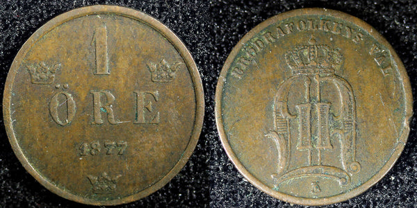 SWEDEN Oscar II Bronze 1877 1 Ore Large Letters KM# 745 (23 165)