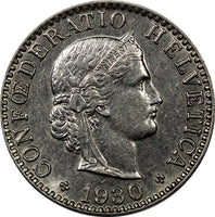 Switzerland Nickel 1930 B 20 Rappen Unc Condition KM# 29 (10 838)