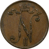 Finland Russia Nicholas II Copper 1899 5 Pennia BETTER DATE Mintage-860,000 KM15