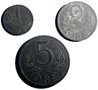 Denmark LOT OF 3 COINS Zinc WWII 1942-1944  5, 2 ,1 Ore  KM# 834a 832 833a (94)