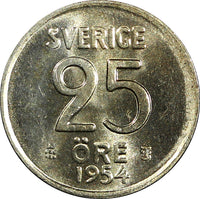 Sweden Gustaf VI Silver 1954 TS 25 Öre GEM BU COIN KM# 824 (22 013)