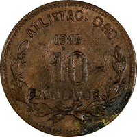 Mexico-Revolutionary GUERRERO Copper 1915 10 Centavos aUNC KM# 645 (17 725)