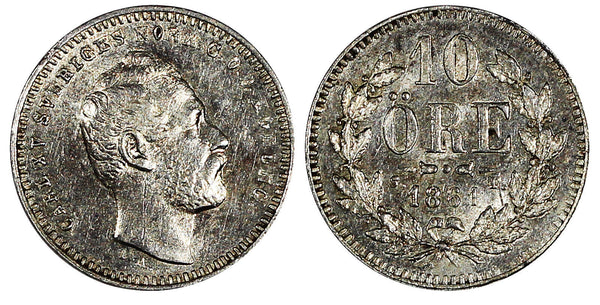 Sweden Carl XV Adolf Silver 1861 ST 10 Öre Mintage-579,000 aUNC KM# 710 (20 486)