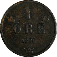 SWEDEN Oscar II (1872-1907) Bronze 1876 1 ORE SCARCE KM# 734 (821)