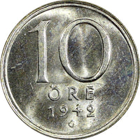 Sweden Gustaf V (1907-1950) Silver 1942 G 10 Öre GEM BU KM# 813 (22 072)