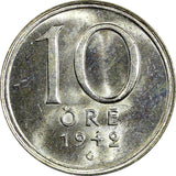 Sweden Gustaf V (1907-1950) Silver 1942 G 10 Öre GEM BU KM# 813 (22 072)