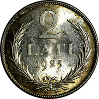 Latvia Silver 1925 2 Lati 2 YEARS TYPE 27mm aUNC LIGHT GOLD TONING KM# 8