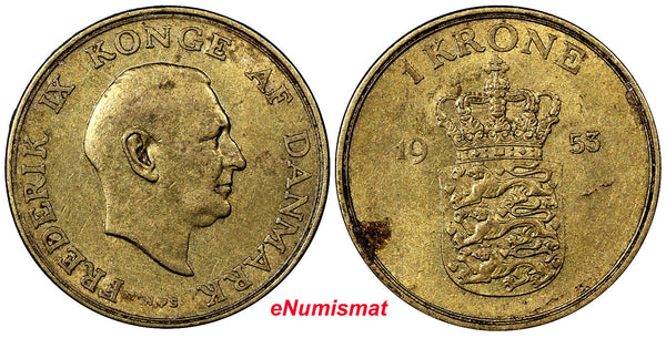 Denmark Aluminum-Bronze  1953 N  1 Krone Mintage 573,000 KM# 837.1 (4030)