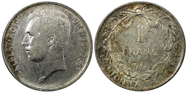 Belgium Albert I Silver 1913 1 Franc Dutch 23 mm High Grade KM# 73.1 (22 218)