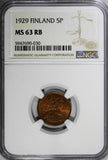 Finland Copper 1929 5 Penniä NGC MS63 RB TOP  GRADED KM# 22 (030)