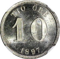 SWEDEN Oscar II Silver 1897 EB 10 Ore NGC MS65 GEM BU SCARCE KM# 755 (045)