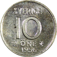 Sweden Gustaf VI SILVER 1956 10 Öre High Grade KM# 823 (22 094)