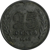 Netherlands Zinc Wilhelmina I 1943 25 Cents WWII Issue KM# 174 (17 931)