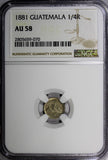 GUATEMALA Silver 1881 1/4 Real NGC AU58 BETTER DATE Light Toned KM# 151 (070)