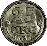 Denmark .Christian X Silver 1920 VBP GJ 25 Ore 1st DATE Ch.UNC KM#815.2a (15017)