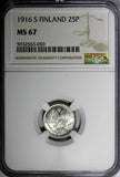Finland Nicholas II Silver 1916 S 25 Pennia NGC MS67 GEM BU KM #6.2 (050)