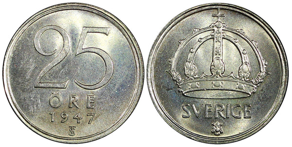 Sweden Gustaf V Silver 1947 TS 25 Öre   GEM BU COIN KM# 816 (22 025)