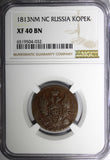 RUSSIA Alexander I Copper 1813 NM PC 2 Kopecks Izhora Mint NGC XF40 C# 117.4(32)