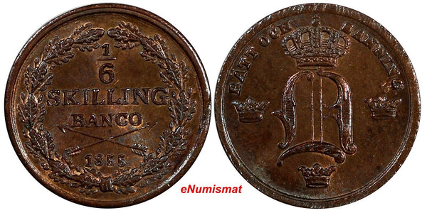 Sweden Oscar 1855 1/6 Skilling Last Year Type Ch. UNC. Rainbow Toned KM# 656 (1)