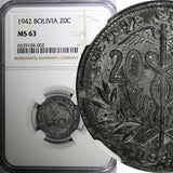 Bolivia Zinc 1942 20 Centavos NGC MS63 TOP GRADED BY NGC  WWII KM#183 (2)