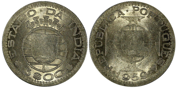 India-Portuguese Copper-nickel 1959 3 Escudos UNC KM# 34 (20 741)