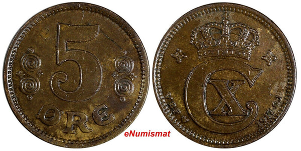 Denmark Christian X Bronze 1917 VBP; GJ 5 Ore 27 mm Mintage-494,000 KM# 814.1(9)